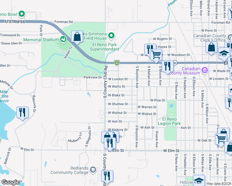 map of restaurants, bars, coffee shops, grocery stores, and more near 1500 W Blake St in El Reno