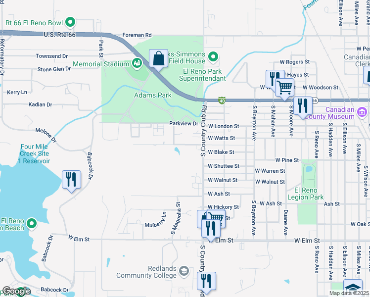 map of restaurants, bars, coffee shops, grocery stores, and more near 1617 Palo Verde Drive in El Reno