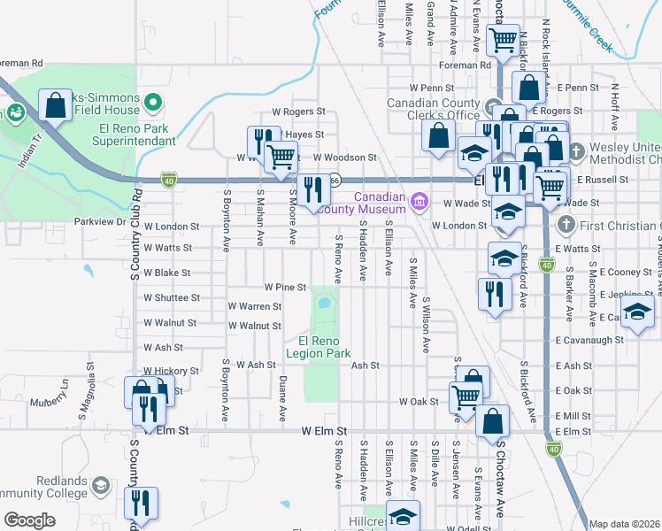 map of restaurants, bars, coffee shops, grocery stores, and more near 523 South Keith Avenue in El Reno