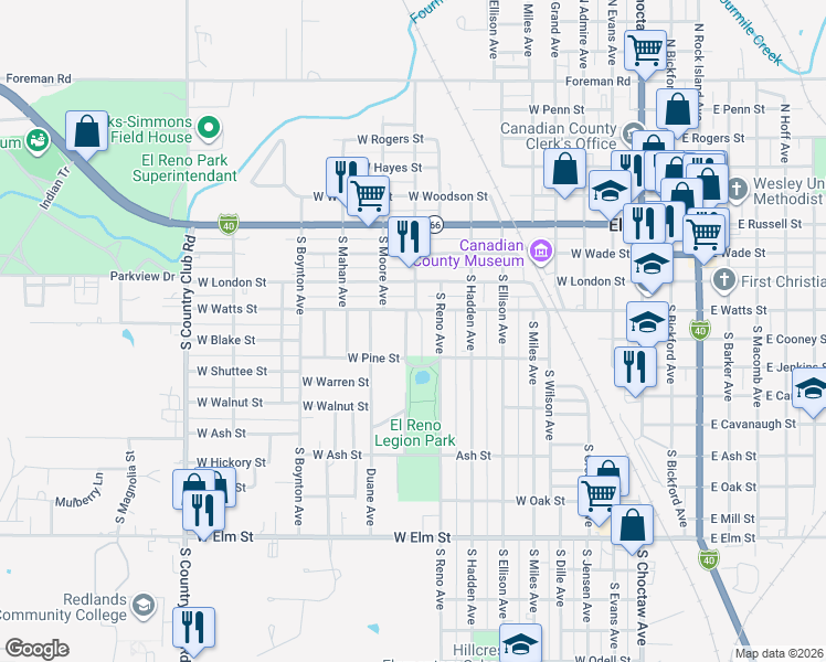 map of restaurants, bars, coffee shops, grocery stores, and more near 523 South Keith Avenue in El Reno
