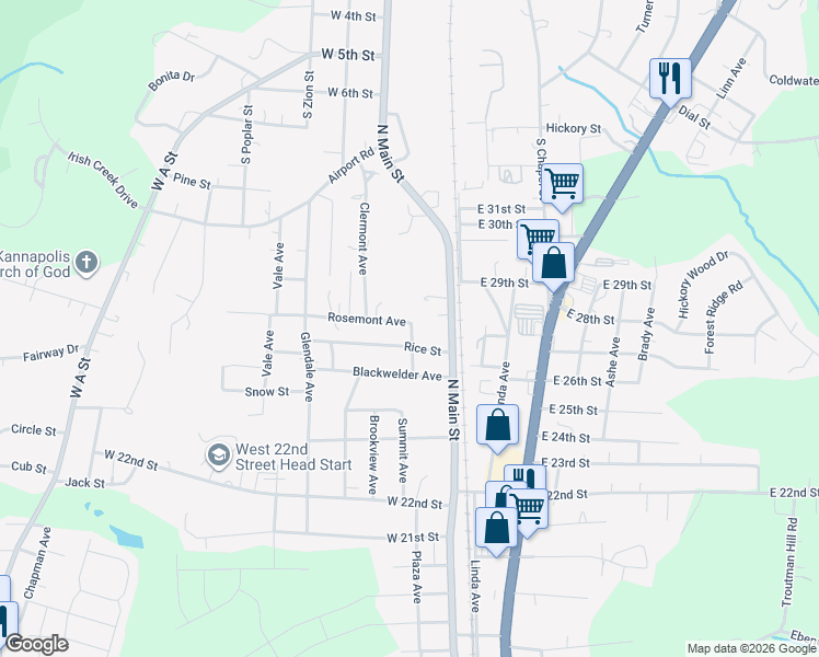 map of restaurants, bars, coffee shops, grocery stores, and more near 207 Rosemont Avenue in Kannapolis