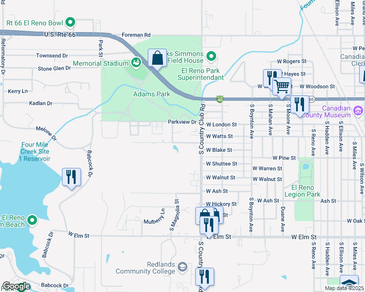 map of restaurants, bars, coffee shops, grocery stores, and more near 1617 Palo Verde Drive in El Reno