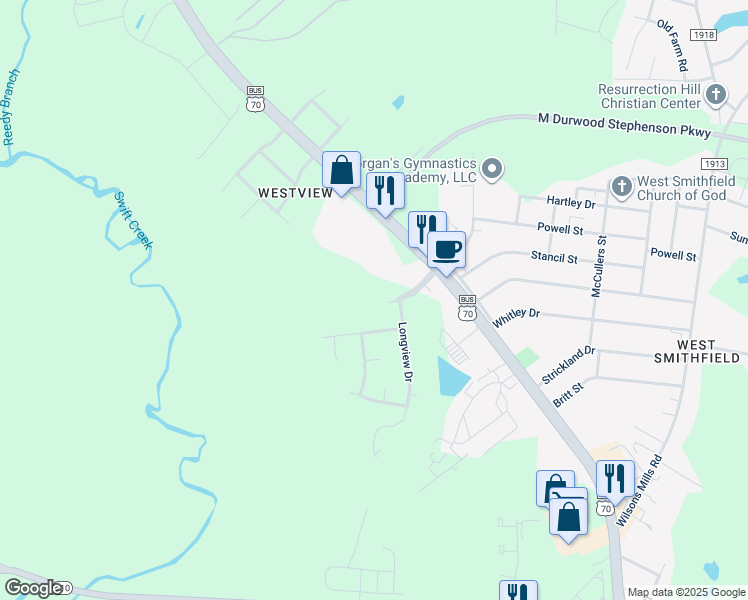 map of restaurants, bars, coffee shops, grocery stores, and more near 206 Park Avenue in Smithfield