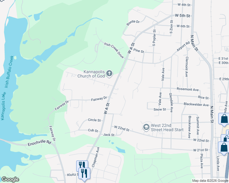map of restaurants, bars, coffee shops, grocery stores, and more near 2106 West A Street in Kannapolis
