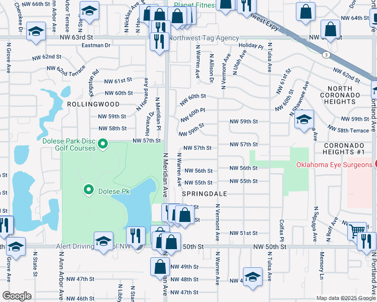 map of restaurants, bars, coffee shops, grocery stores, and more near 4408 Northwest 57th Street in Oklahoma City