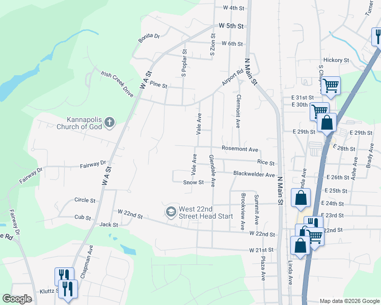 map of restaurants, bars, coffee shops, grocery stores, and more near 2709 Vale Avenue in Kannapolis