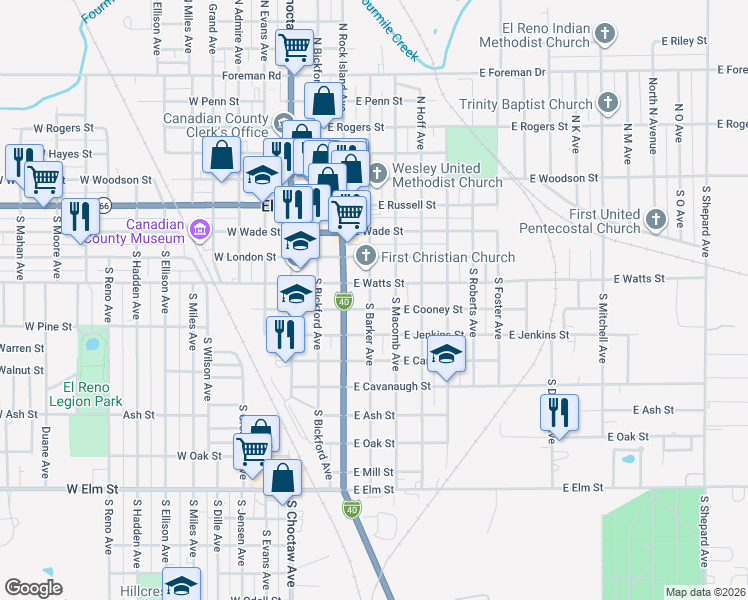 map of restaurants, bars, coffee shops, grocery stores, and more near 501 South Barker Avenue in El Reno