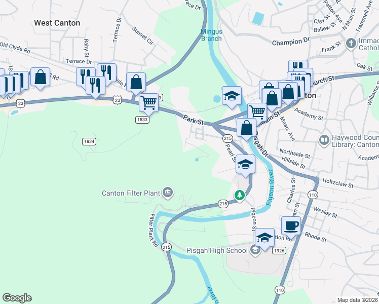 map of restaurants, bars, coffee shops, grocery stores, and more near 239 Bob Wood Drive in Canton