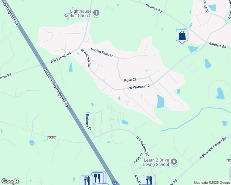 map of restaurants, bars, coffee shops, grocery stores, and more near 25 Merrimar Court in Benson