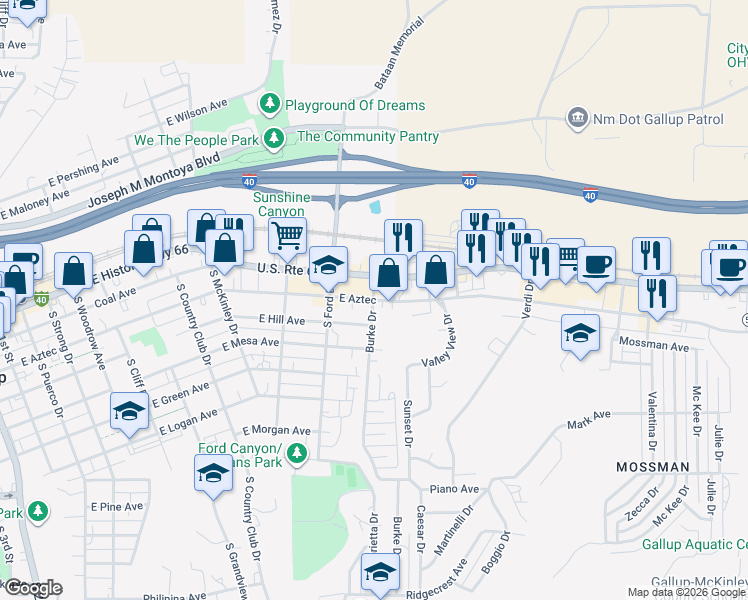 map of restaurants, bars, coffee shops, grocery stores, and more near 1100 East Aztec in Gallup