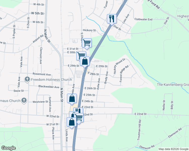 map of restaurants, bars, coffee shops, grocery stores, and more near 306 East 28th Street in Kannapolis