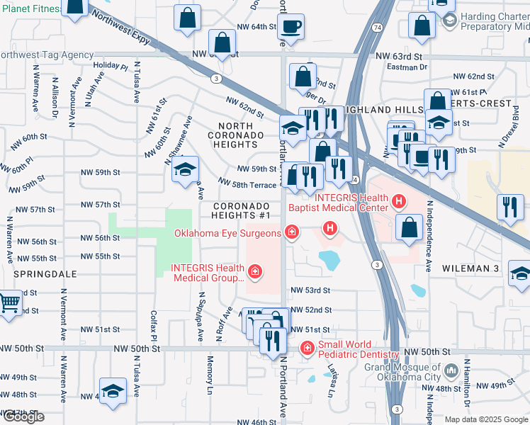 map of restaurants, bars, coffee shops, grocery stores, and more near 3717 Northwest 57th Street in Oklahoma City