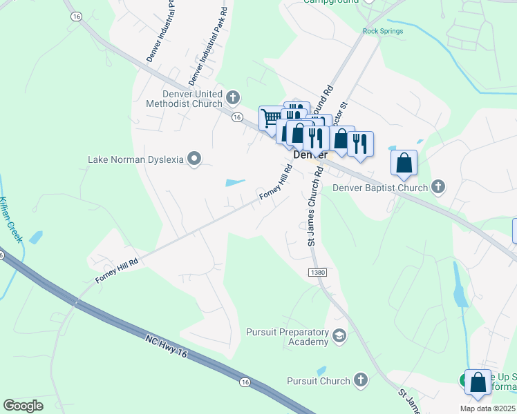 map of restaurants, bars, coffee shops, grocery stores, and more near 7388 Forney Hill Road in Denver