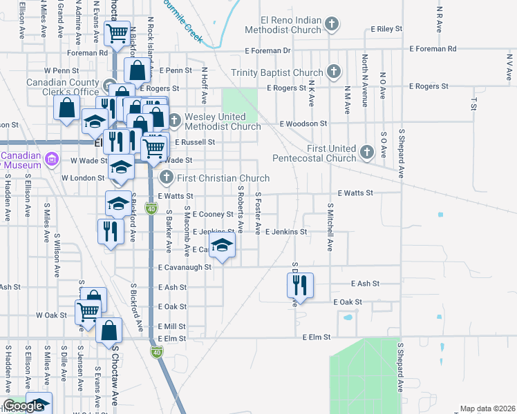 map of restaurants, bars, coffee shops, grocery stores, and more near 515 South Foster Avenue in El Reno