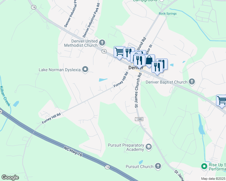 map of restaurants, bars, coffee shops, grocery stores, and more near 7388 Forney Hill Road in Denver