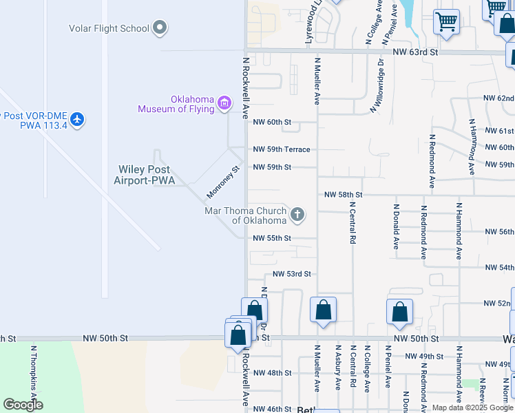 map of restaurants, bars, coffee shops, grocery stores, and more near 7004 Northwest 57th Street in Bethany