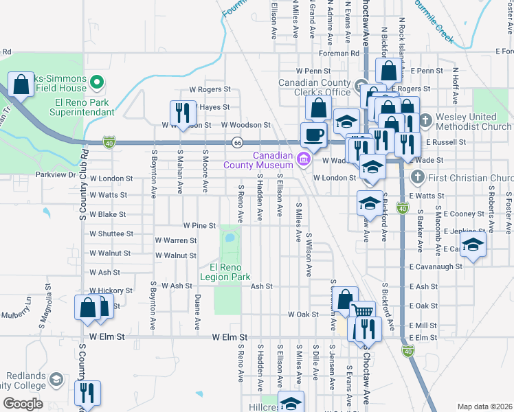 map of restaurants, bars, coffee shops, grocery stores, and more near 516 South Hadden Avenue in El Reno