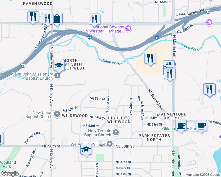 map of restaurants, bars, coffee shops, grocery stores, and more near 5800 North Lottie Avenue in Oklahoma City