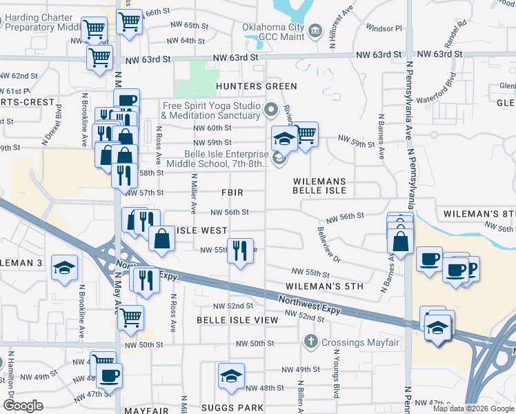 map of restaurants, bars, coffee shops, grocery stores, and more near 2509 Northwest 56th Street in Oklahoma City