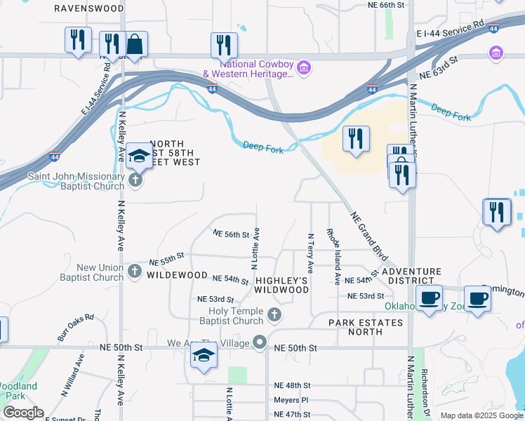 map of restaurants, bars, coffee shops, grocery stores, and more near 5800 North Lottie Avenue in Oklahoma City
