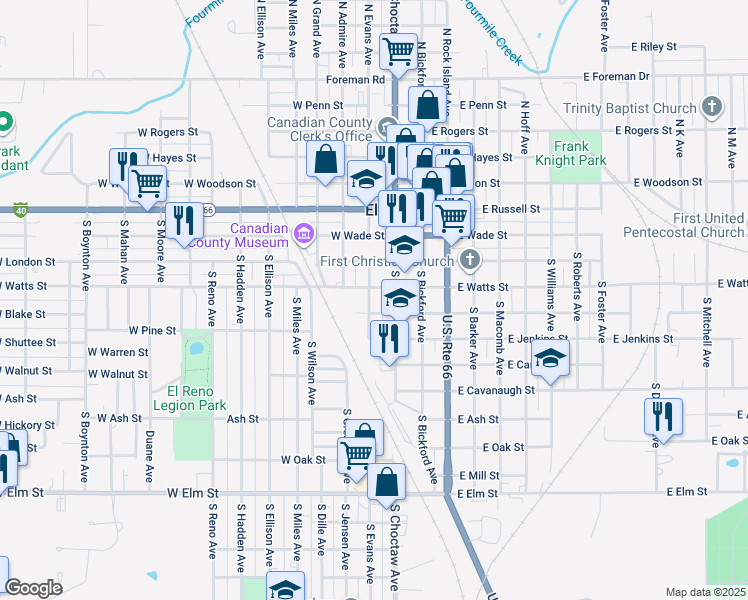 map of restaurants, bars, coffee shops, grocery stores, and more near 511 South Evans Avenue in El Reno
