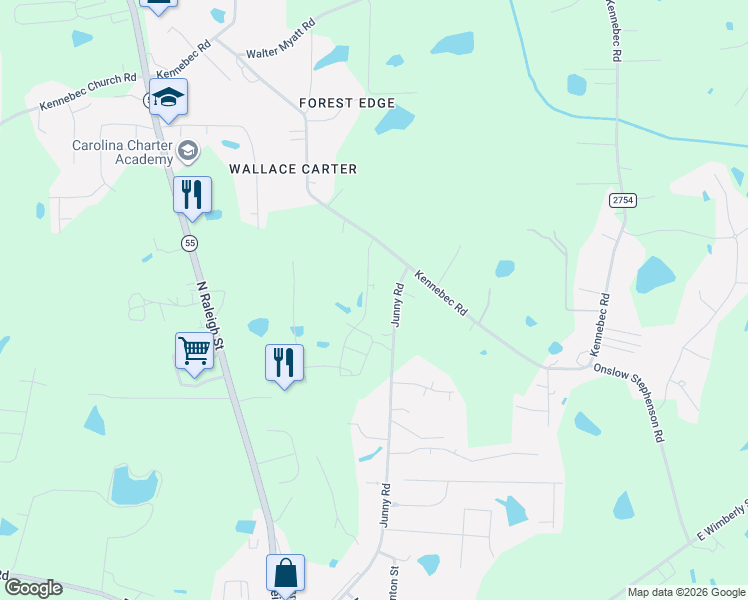 map of restaurants, bars, coffee shops, grocery stores, and more near 9821 Kennebec Road in Wake County