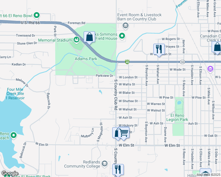 map of restaurants, bars, coffee shops, grocery stores, and more near 1605c Palo Verde Drive in El Reno
