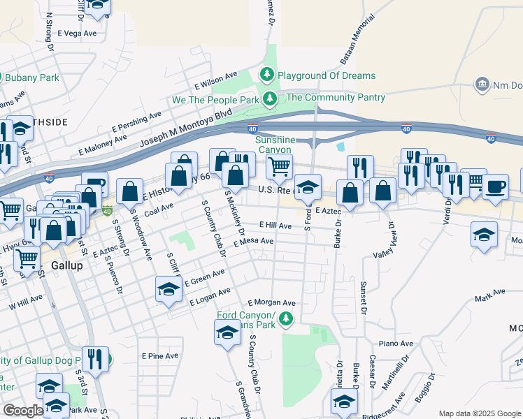 map of restaurants, bars, coffee shops, grocery stores, and more near 818 East Aztec in Gallup