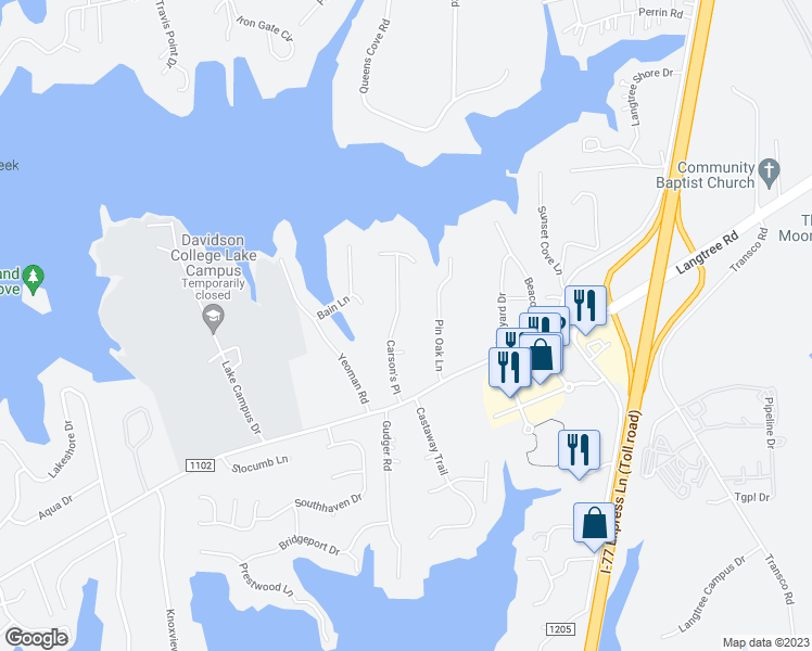 map of restaurants, bars, coffee shops, grocery stores, and more near 146 Carson's Place in Mooresville