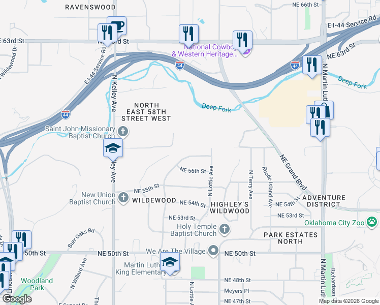 map of restaurants, bars, coffee shops, grocery stores, and more near 5717 North Everest Avenue in Oklahoma City