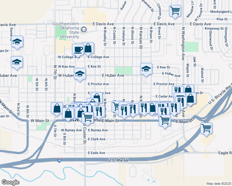 map of restaurants, bars, coffee shops, grocery stores, and more near 412 East Arapaho Avenue in Weatherford