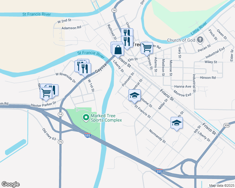 map of restaurants, bars, coffee shops, grocery stores, and more near 202 Saint Francis Street in Marked Tree