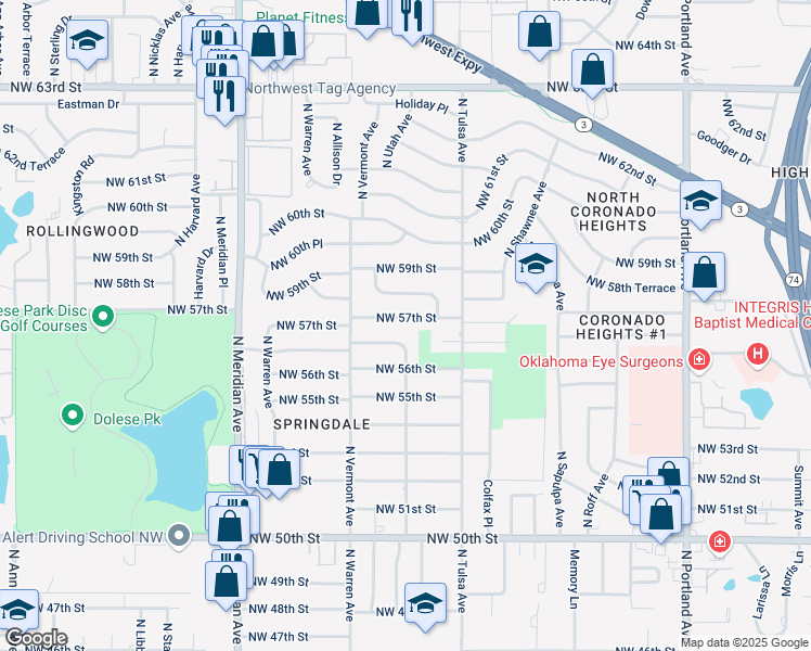 map of restaurants, bars, coffee shops, grocery stores, and more near 4200 Northwest 57th Street in Oklahoma City