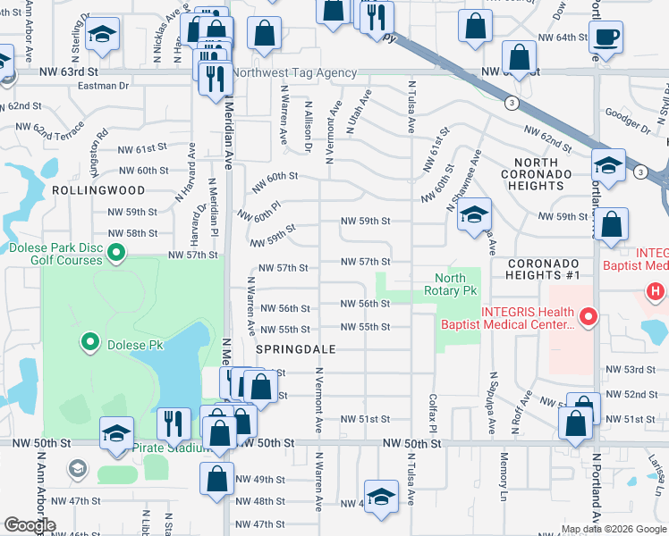 map of restaurants, bars, coffee shops, grocery stores, and more near 4228 Northwest 57th Street in Oklahoma City