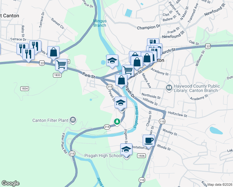 map of restaurants, bars, coffee shops, grocery stores, and more near 32 Pearl Street in Canton