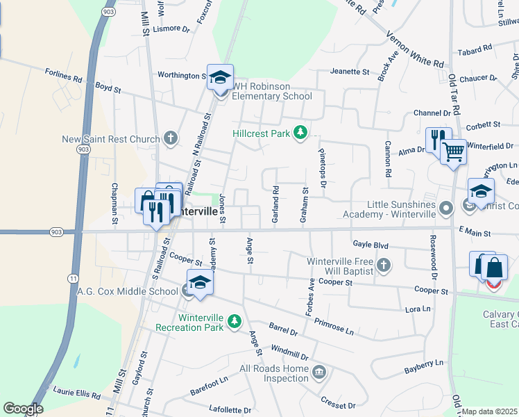 map of restaurants, bars, coffee shops, grocery stores, and more near 323 Branch Street in Winterville