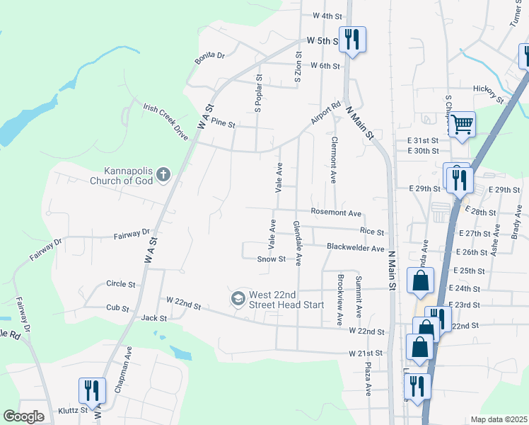 map of restaurants, bars, coffee shops, grocery stores, and more near 2709 Vale Avenue in Kannapolis