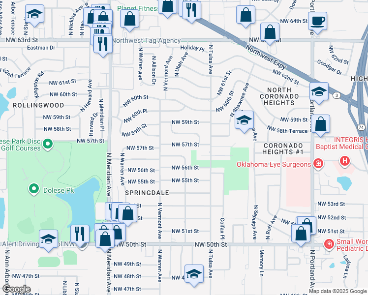 map of restaurants, bars, coffee shops, grocery stores, and more near 4200 Northwest 57th Street in Oklahoma City