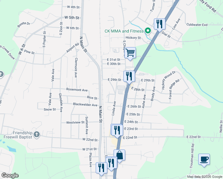 map of restaurants, bars, coffee shops, grocery stores, and more near 2609 Planers Avenue in Kannapolis