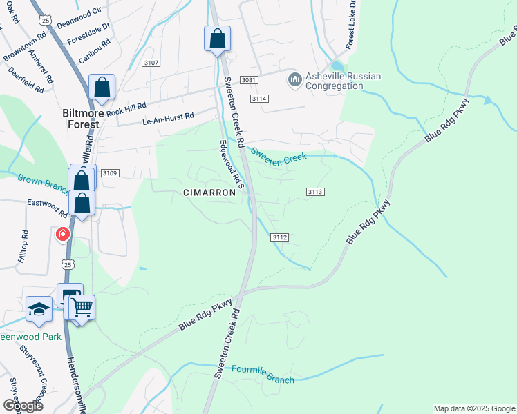 map of restaurants, bars, coffee shops, grocery stores, and more near 99999 Sweeten Creek Road in Asheville