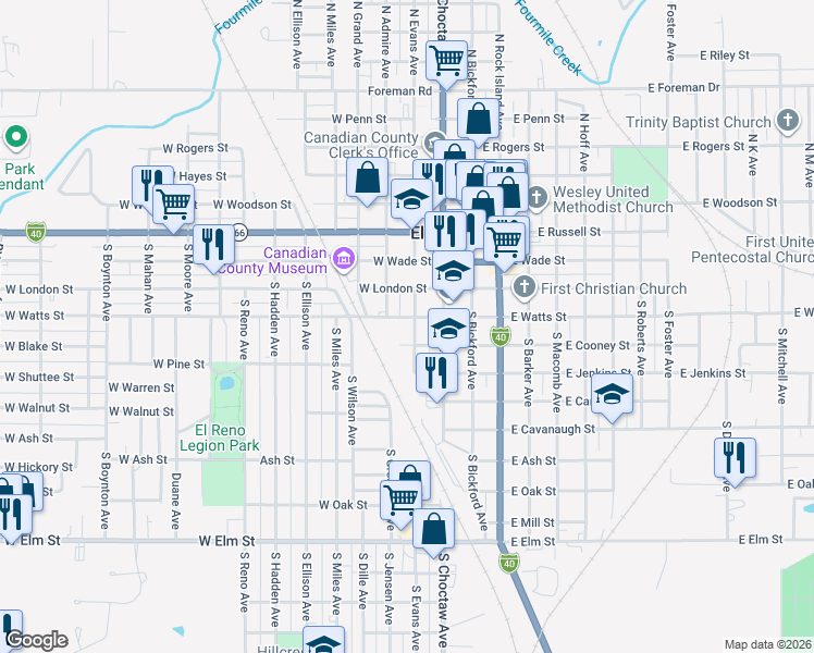 map of restaurants, bars, coffee shops, grocery stores, and more near 511 South Evans Avenue in El Reno