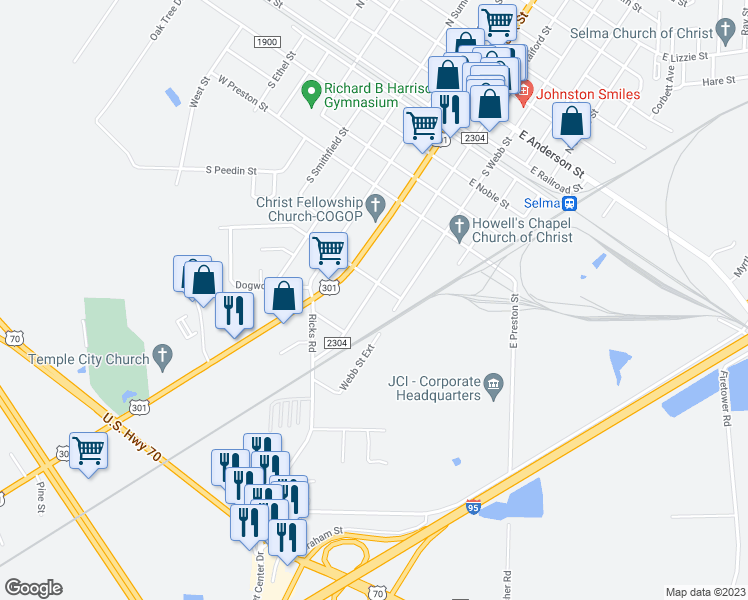 map of restaurants, bars, coffee shops, grocery stores, and more near 805 South Raiford Street in Selma