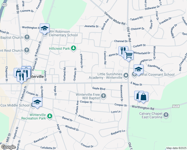 map of restaurants, bars, coffee shops, grocery stores, and more near 365 Gayle Boulevard in Winterville