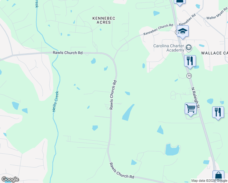 map of restaurants, bars, coffee shops, grocery stores, and more near 1576 Rawls Church Road in Angier