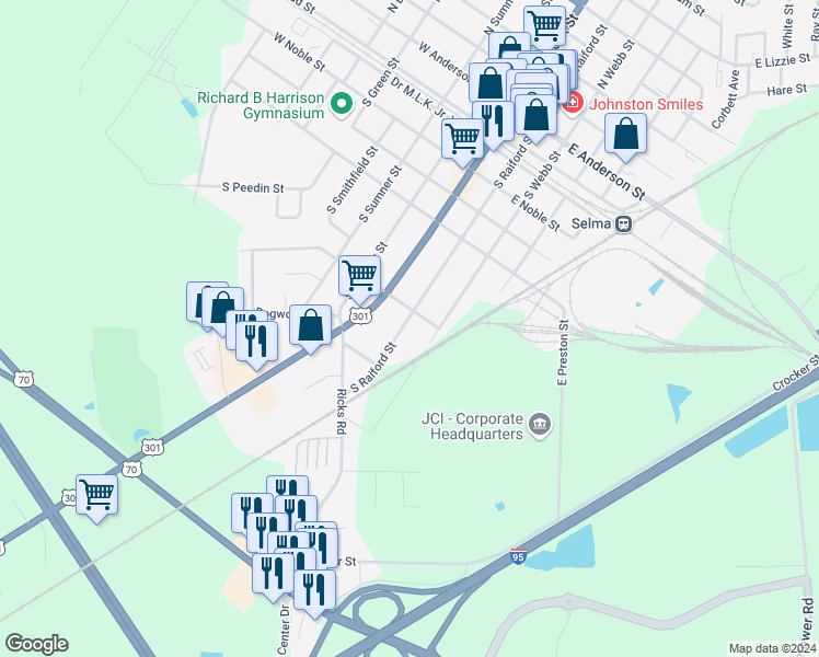 map of restaurants, bars, coffee shops, grocery stores, and more near 805 South Raiford Street in Selma