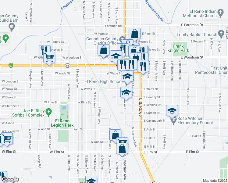 map of restaurants, bars, coffee shops, grocery stores, and more near 506 South Evans Avenue in El Reno