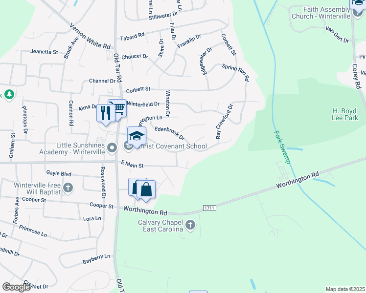 map of restaurants, bars, coffee shops, grocery stores, and more near 748 Ashley Meadows Drive in Winterville