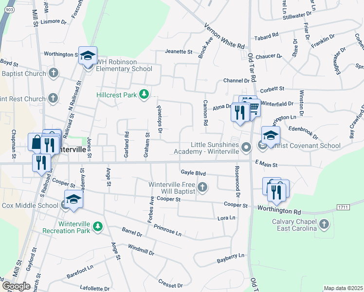 map of restaurants, bars, coffee shops, grocery stores, and more near 365 Gayle Boulevard in Winterville