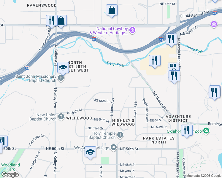 map of restaurants, bars, coffee shops, grocery stores, and more near 5801 North Lottie Avenue in Oklahoma City