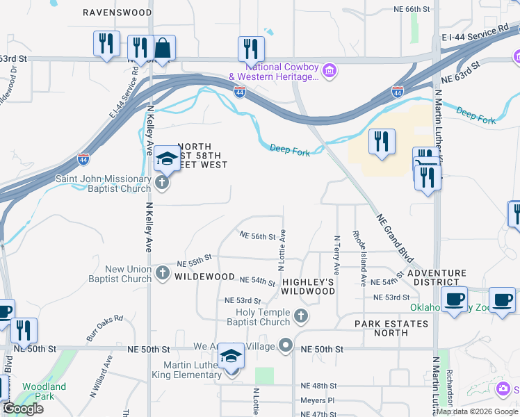 map of restaurants, bars, coffee shops, grocery stores, and more near 5717 North Everest Avenue in Oklahoma City